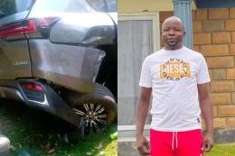 Collage photo of a wrecked Lexus LX600 and Okoth Obado's son Dan Totto.